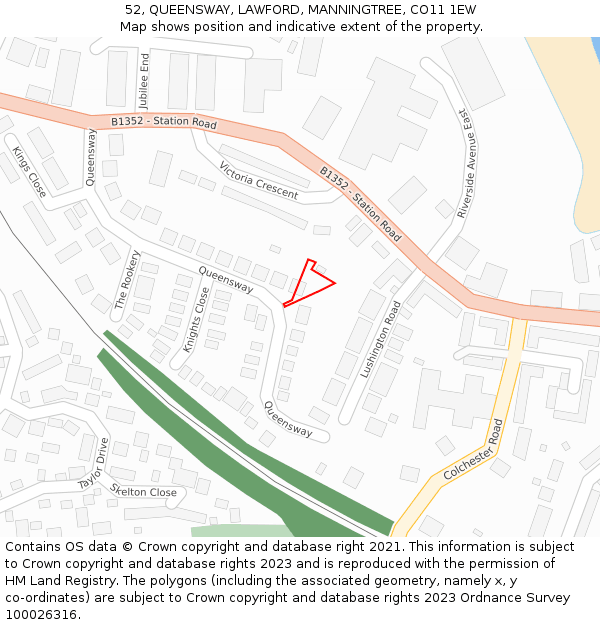 52, QUEENSWAY, LAWFORD, MANNINGTREE, CO11 1EW: Location map and indicative extent of plot