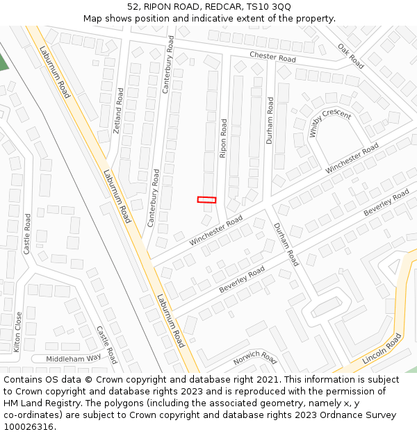 52, RIPON ROAD, REDCAR, TS10 3QQ: Location map and indicative extent of plot