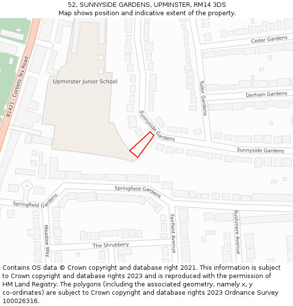 52, SUNNYSIDE GARDENS, UPMINSTER, RM14 3DS: Location map and indicative extent of plot