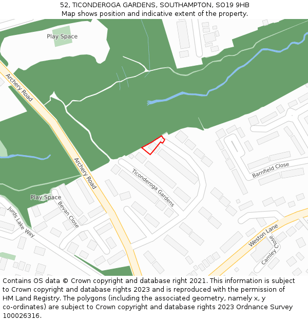 52, TICONDEROGA GARDENS, SOUTHAMPTON, SO19 9HB: Location map and indicative extent of plot