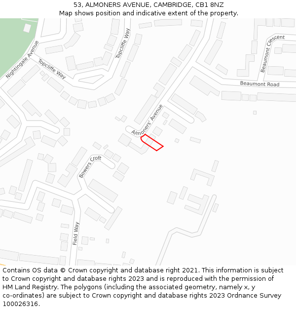 53, ALMONERS AVENUE, CAMBRIDGE, CB1 8NZ: Location map and indicative extent of plot