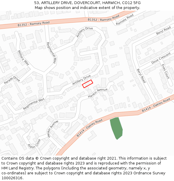 53, ARTILLERY DRIVE, DOVERCOURT, HARWICH, CO12 5FG: Location map and indicative extent of plot