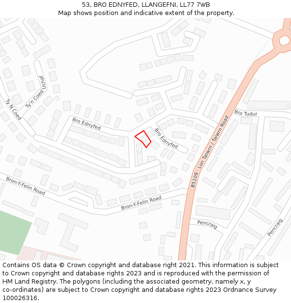 53, BRO EDNYFED, LLANGEFNI, LL77 7WB: Location map and indicative extent of plot