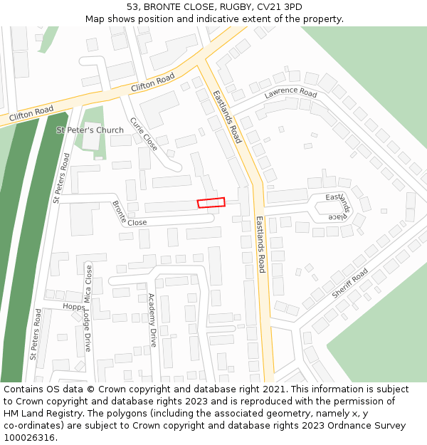 53, BRONTE CLOSE, RUGBY, CV21 3PD: Location map and indicative extent of plot