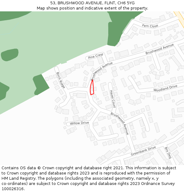 53, BRUSHWOOD AVENUE, FLINT, CH6 5YG: Location map and indicative extent of plot