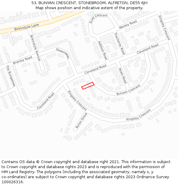 53, BUNYAN CRESCENT, STONEBROOM, ALFRETON, DE55 6JH: Location map and indicative extent of plot