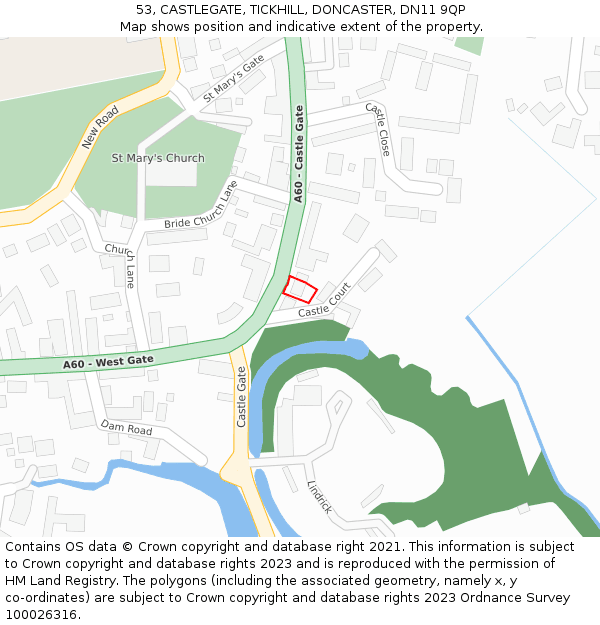 53, CASTLEGATE, TICKHILL, DONCASTER, DN11 9QP: Location map and indicative extent of plot