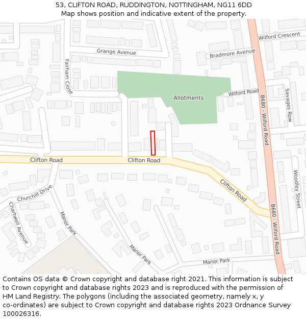 53, CLIFTON ROAD, RUDDINGTON, NOTTINGHAM, NG11 6DD: Location map and indicative extent of plot