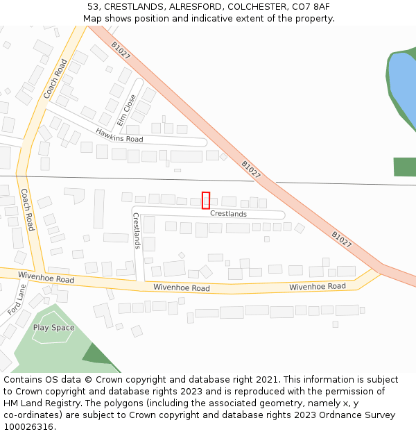 53, CRESTLANDS, ALRESFORD, COLCHESTER, CO7 8AF: Location map and indicative extent of plot