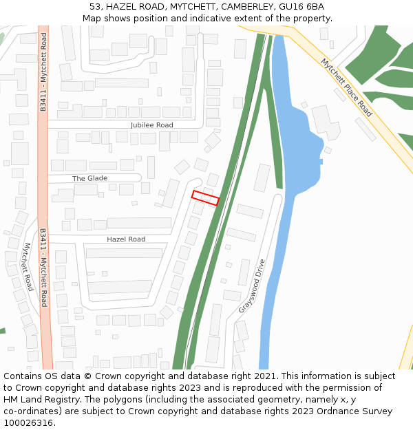 53, HAZEL ROAD, MYTCHETT, CAMBERLEY, GU16 6BA: Location map and indicative extent of plot