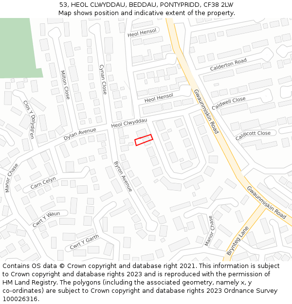 53, HEOL CLWYDDAU, BEDDAU, PONTYPRIDD, CF38 2LW: Location map and indicative extent of plot