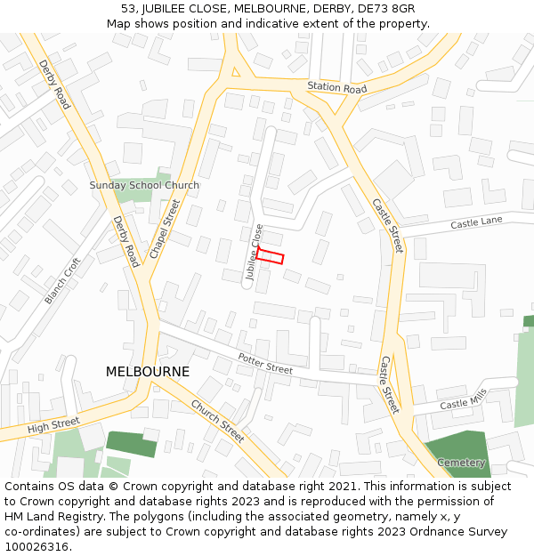 53, JUBILEE CLOSE, MELBOURNE, DERBY, DE73 8GR: Location map and indicative extent of plot