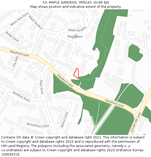 53, MAPLE GARDENS, YATELEY, GU46 6JQ: Location map and indicative extent of plot