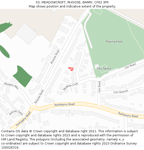 53, MEADOWCROFT, RHOOSE, BARRY, CF62 3FR: Location map and indicative extent of plot