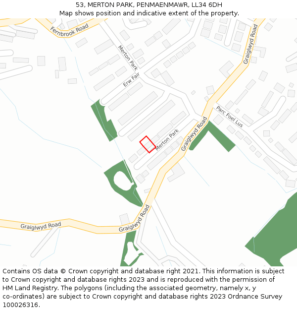 53, MERTON PARK, PENMAENMAWR, LL34 6DH: Location map and indicative extent of plot