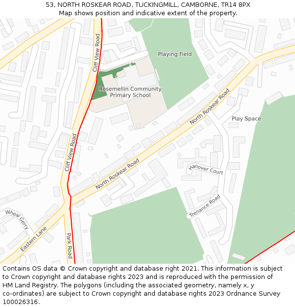 53, NORTH ROSKEAR ROAD, TUCKINGMILL, CAMBORNE, TR14 8PX: Location map and indicative extent of plot