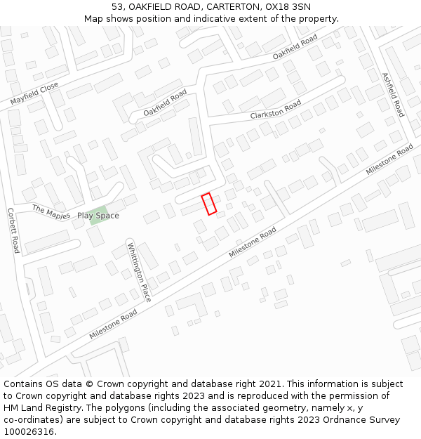 53, OAKFIELD ROAD, CARTERTON, OX18 3SN: Location map and indicative extent of plot