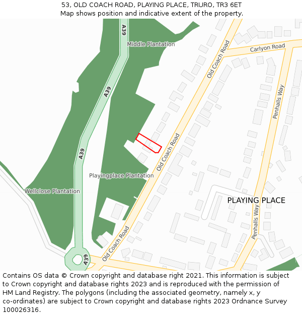 53, OLD COACH ROAD, PLAYING PLACE, TRURO, TR3 6ET: Location map and indicative extent of plot