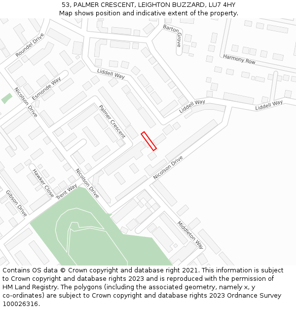 53, PALMER CRESCENT, LEIGHTON BUZZARD, LU7 4HY: Location map and indicative extent of plot