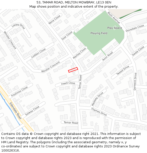 53, TAMAR ROAD, MELTON MOWBRAY, LE13 0EN: Location map and indicative extent of plot