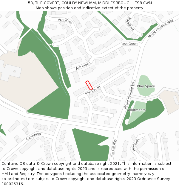 53, THE COVERT, COULBY NEWHAM, MIDDLESBROUGH, TS8 0WN: Location map and indicative extent of plot