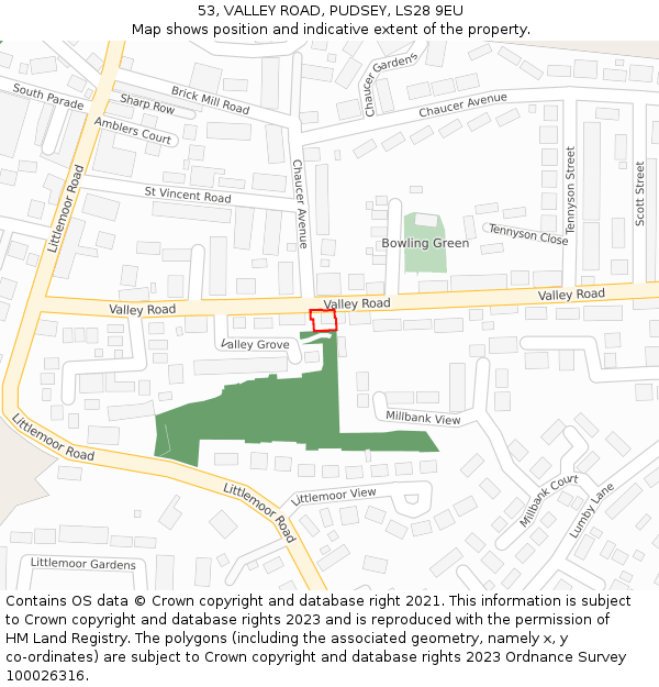 53, VALLEY ROAD, PUDSEY, LS28 9EU: Location map and indicative extent of plot