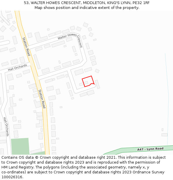 53, WALTER HOWES CRESCENT, MIDDLETON, KING'S LYNN, PE32 1RF: Location map and indicative extent of plot