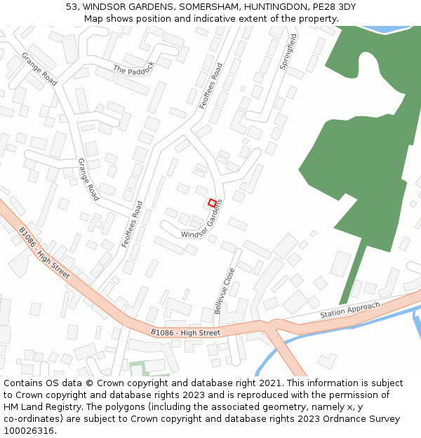 53, WINDSOR GARDENS, SOMERSHAM, HUNTINGDON, PE28 3DY: Location map and indicative extent of plot