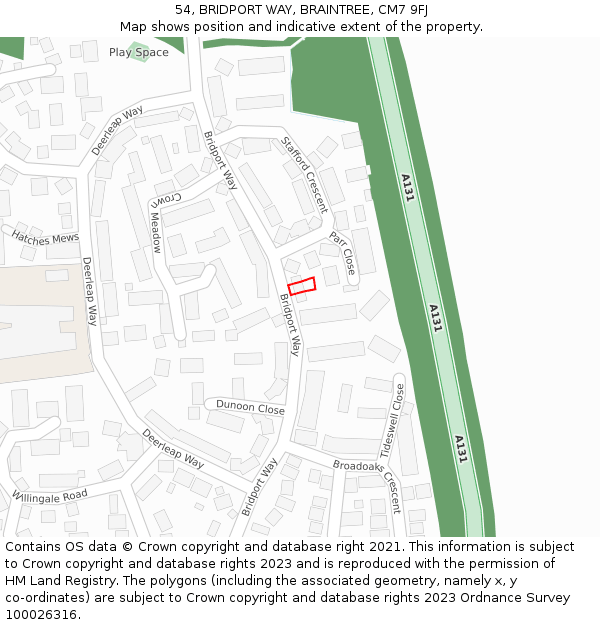 54, BRIDPORT WAY, BRAINTREE, CM7 9FJ: Location map and indicative extent of plot