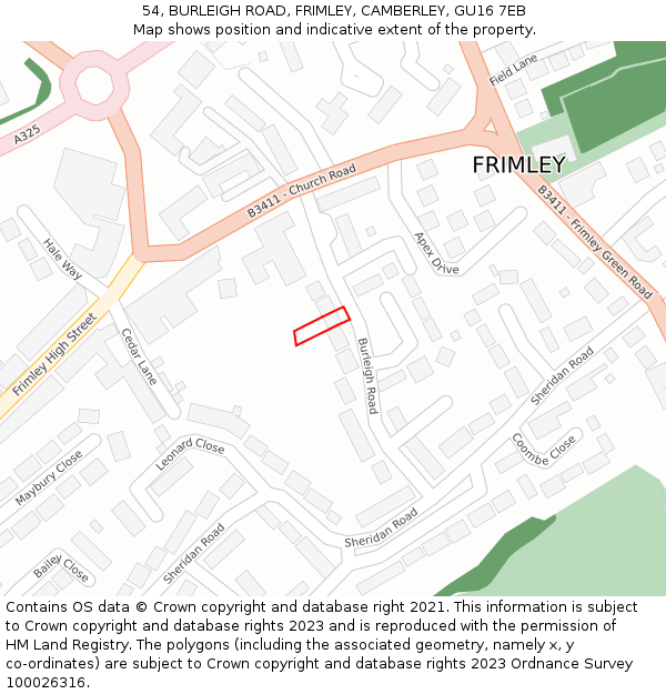 54, BURLEIGH ROAD, FRIMLEY, CAMBERLEY, GU16 7EB: Location map and indicative extent of plot
