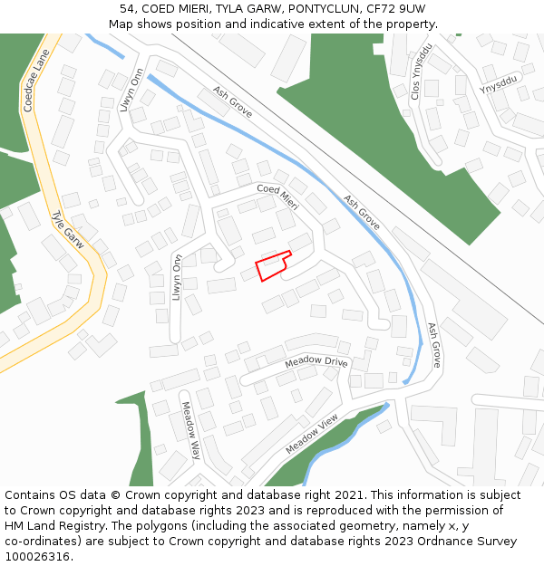 54, COED MIERI, TYLA GARW, PONTYCLUN, CF72 9UW: Location map and indicative extent of plot