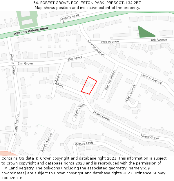 54, FOREST GROVE, ECCLESTON PARK, PRESCOT, L34 2RZ: Location map and indicative extent of plot