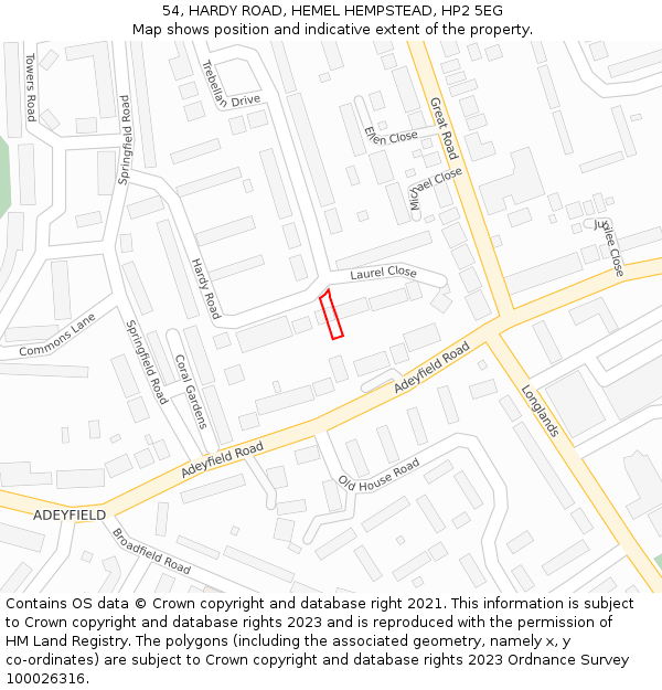 54, HARDY ROAD, HEMEL HEMPSTEAD, HP2 5EG: Location map and indicative extent of plot