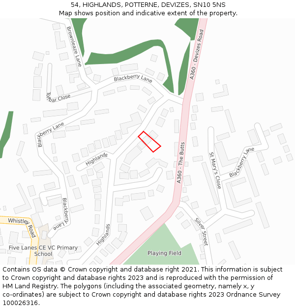 54, HIGHLANDS, POTTERNE, DEVIZES, SN10 5NS: Location map and indicative extent of plot