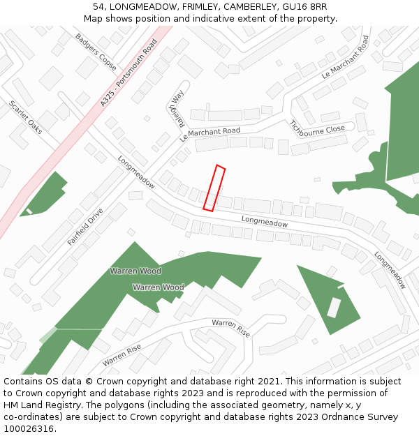 54, LONGMEADOW, FRIMLEY, CAMBERLEY, GU16 8RR: Location map and indicative extent of plot