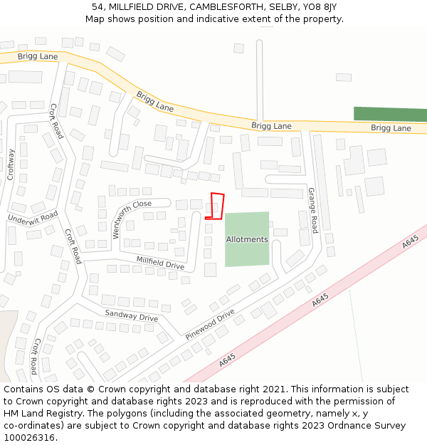 54, MILLFIELD DRIVE, CAMBLESFORTH, SELBY, YO8 8JY: Location map and indicative extent of plot