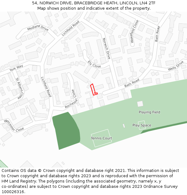 54, NORWICH DRIVE, BRACEBRIDGE HEATH, LINCOLN, LN4 2TF: Location map and indicative extent of plot