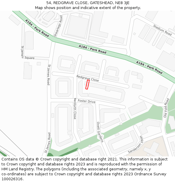 54, REDGRAVE CLOSE, GATESHEAD, NE8 3JE: Location map and indicative extent of plot