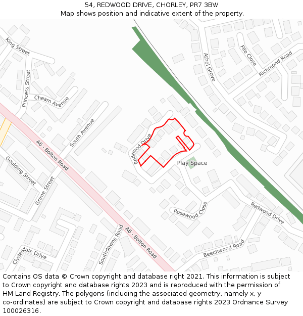 54, REDWOOD DRIVE, CHORLEY, PR7 3BW: Location map and indicative extent of plot