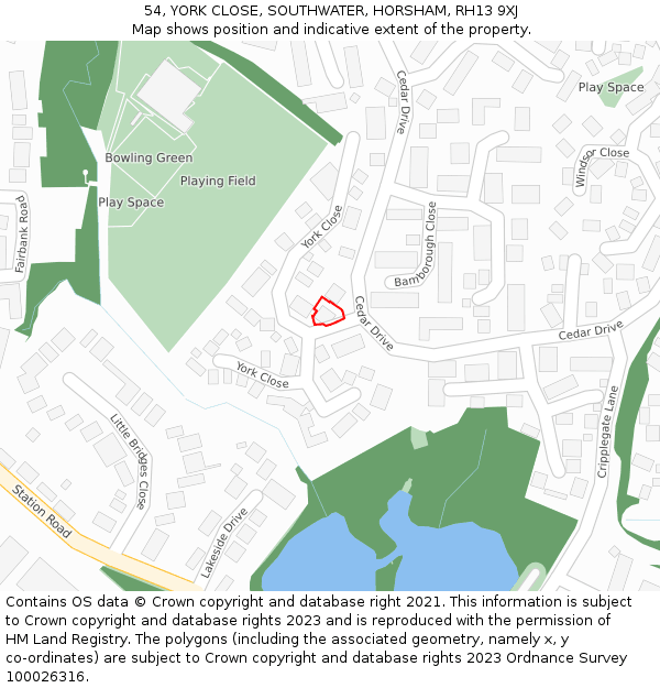 54, YORK CLOSE, SOUTHWATER, HORSHAM, RH13 9XJ: Location map and indicative extent of plot