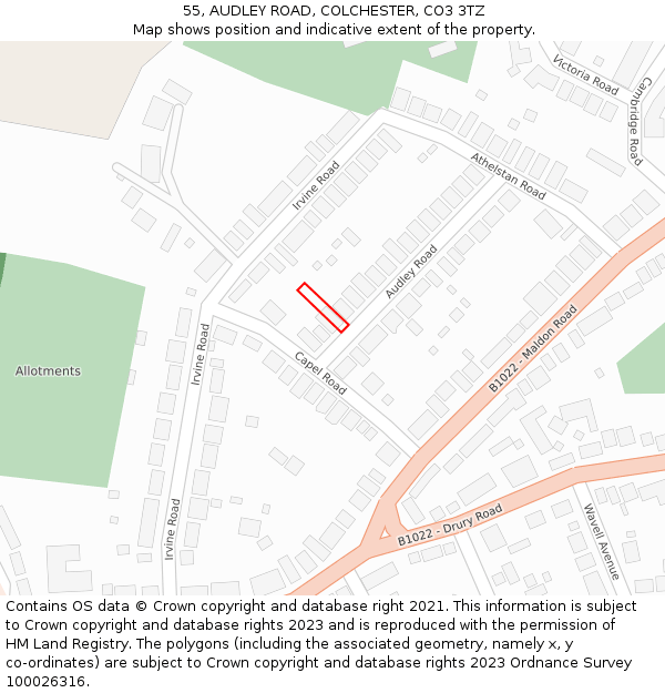 55, AUDLEY ROAD, COLCHESTER, CO3 3TZ: Location map and indicative extent of plot