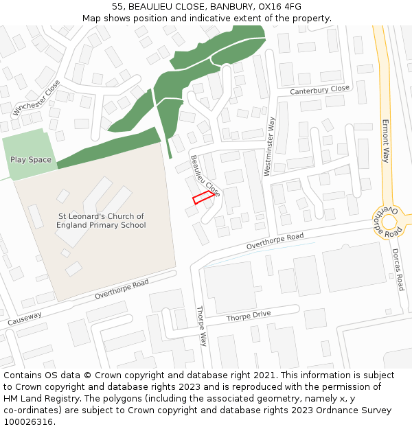 55, BEAULIEU CLOSE, BANBURY, OX16 4FG: Location map and indicative extent of plot