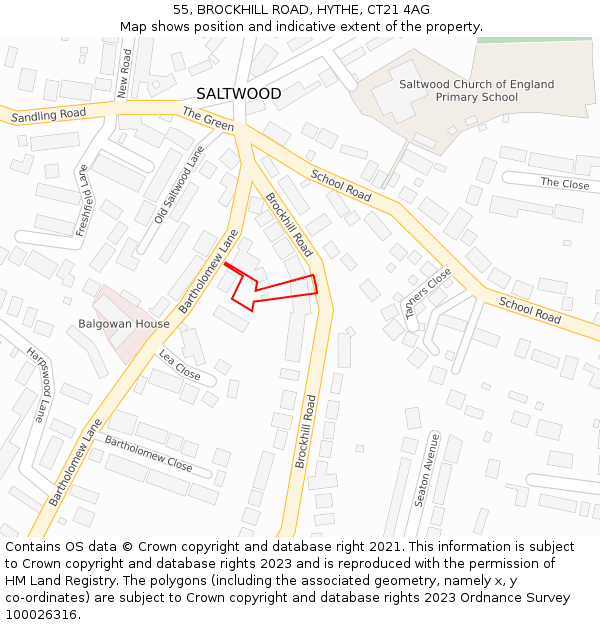 55, BROCKHILL ROAD, HYTHE, CT21 4AG: Location map and indicative extent of plot