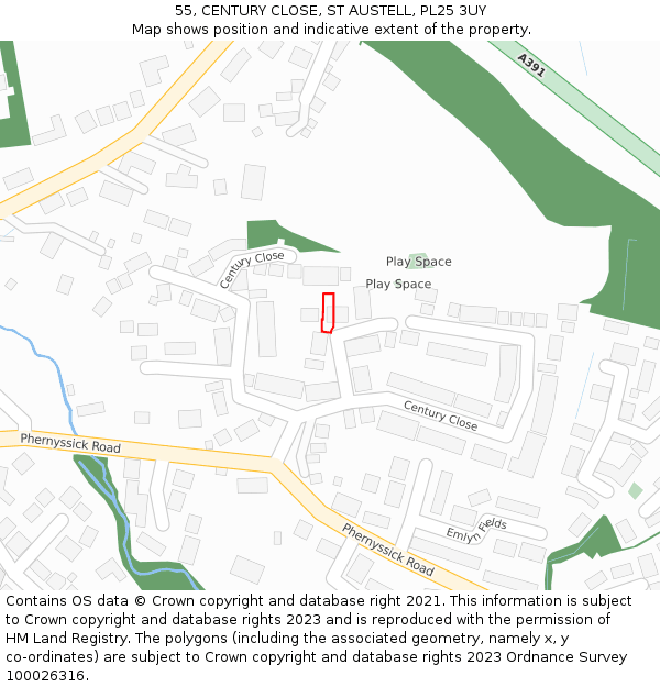 55, CENTURY CLOSE, ST AUSTELL, PL25 3UY: Location map and indicative extent of plot