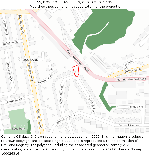 55, DOVECOTE LANE, LEES, OLDHAM, OL4 4SN: Location map and indicative extent of plot