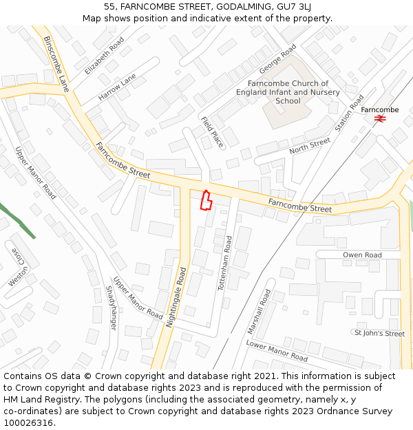 55, FARNCOMBE STREET, GODALMING, GU7 3LJ: Location map and indicative extent of plot