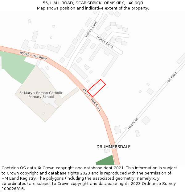 55, HALL ROAD, SCARISBRICK, ORMSKIRK, L40 9QB: Location map and indicative extent of plot