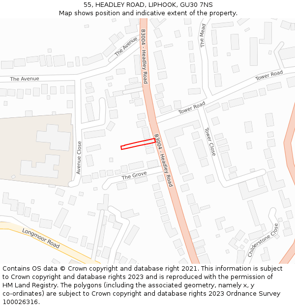 55, HEADLEY ROAD, LIPHOOK, GU30 7NS: Location map and indicative extent of plot