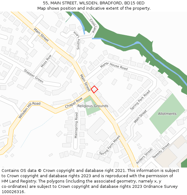 55, MAIN STREET, WILSDEN, BRADFORD, BD15 0ED: Location map and indicative extent of plot