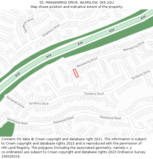 55, MAINWARING DRIVE, WILMSLOW, SK9 2QU: Location map and indicative extent of plot